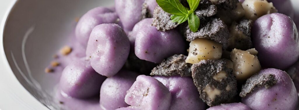 Bernardini Tartufi gnocchi di patate viola con crema ai funghi porcini e tartufo